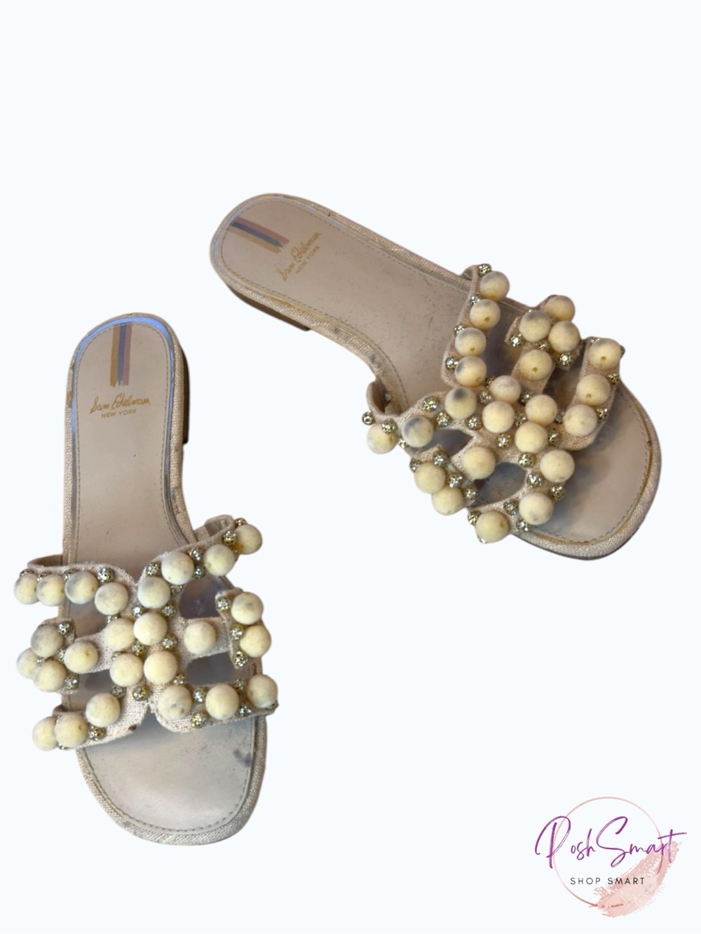Sam Edelman Beaded Ball Embellished Slide Sandals Cream Gold | Size 8
